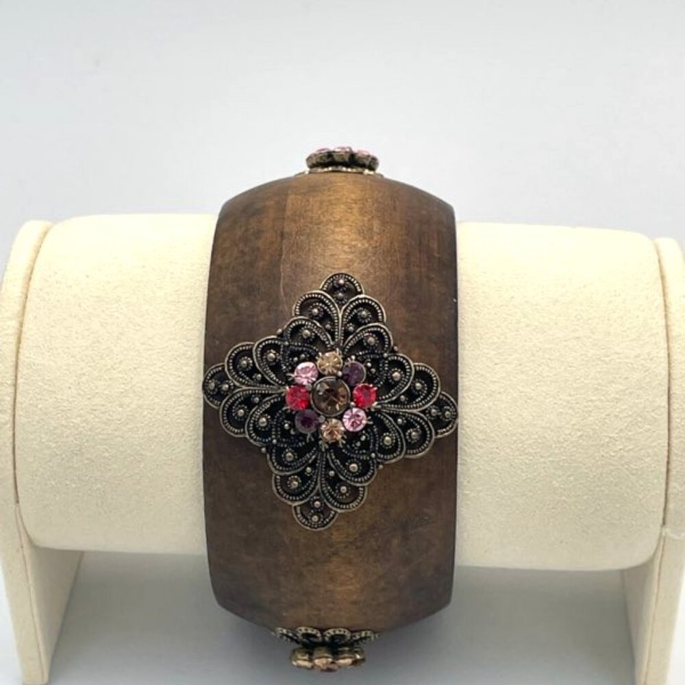 Wood Bangle Bracelet Embellished w/ Beads & Metal Boho Artsy Festival